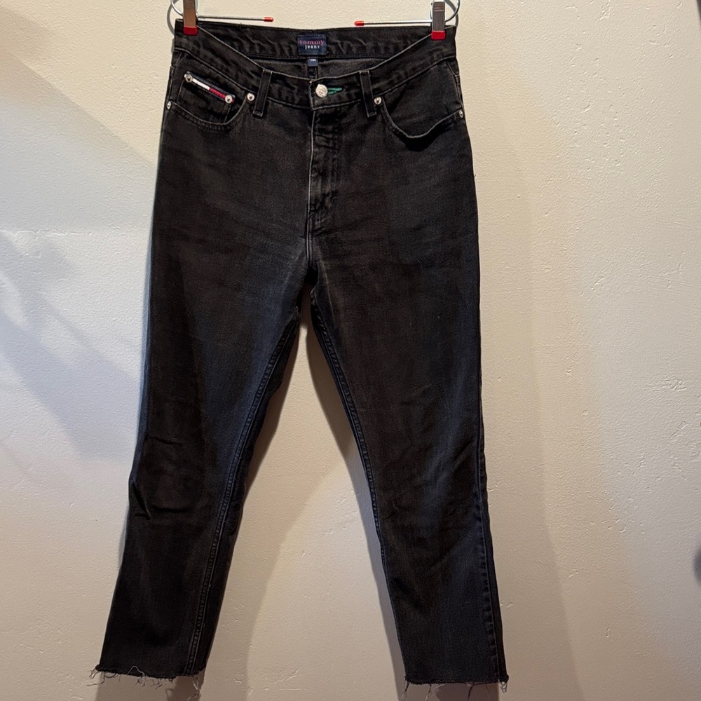 Tommy Hilfiger Washed Black Dark Denim Tommy Straight Leg Fringe Bottom Jeans